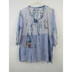 Tianello One Body of Love Small Shelby Blouse Blue Tie Dye Embroidery Boho